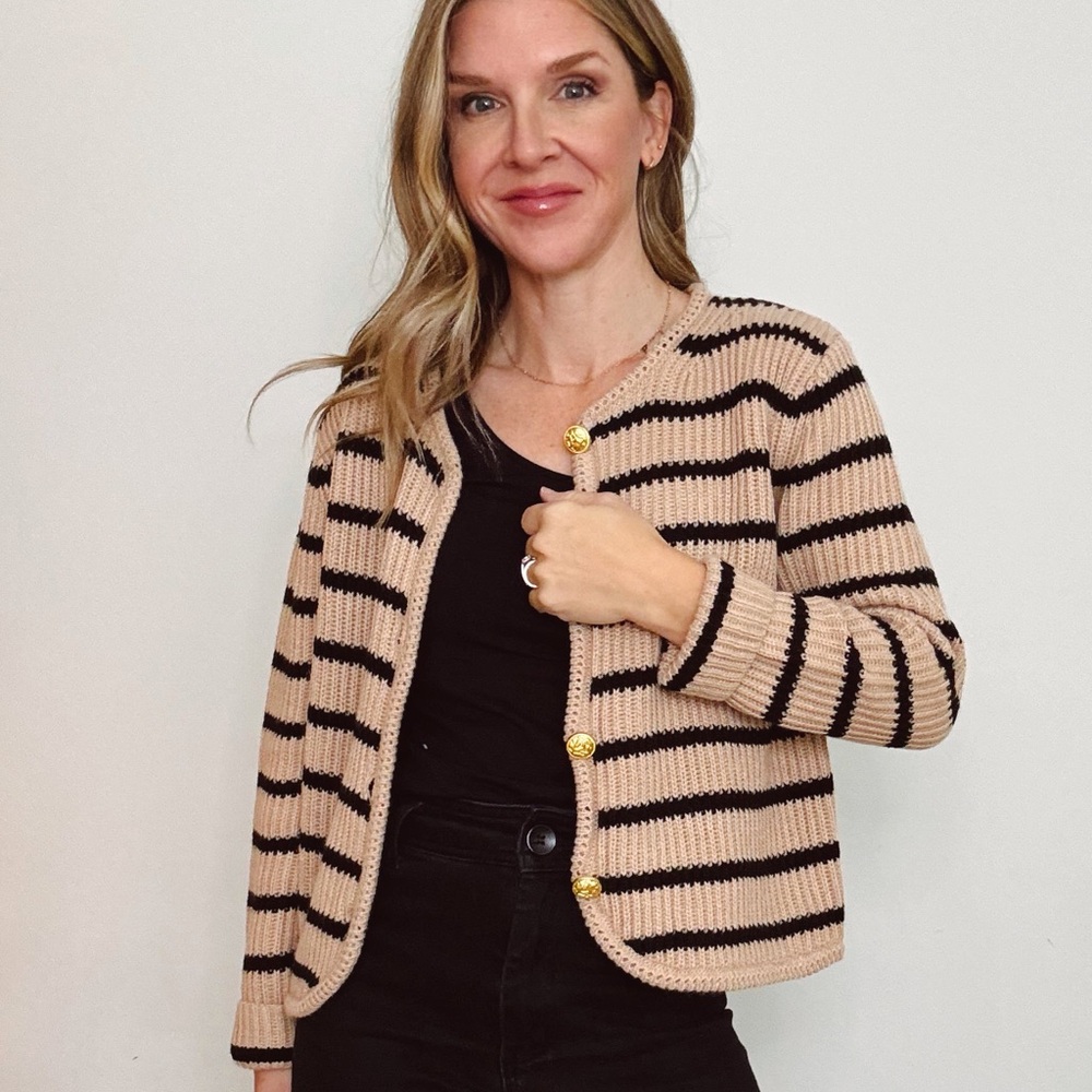Striped Beige and Black Ribbed Women's Sweater